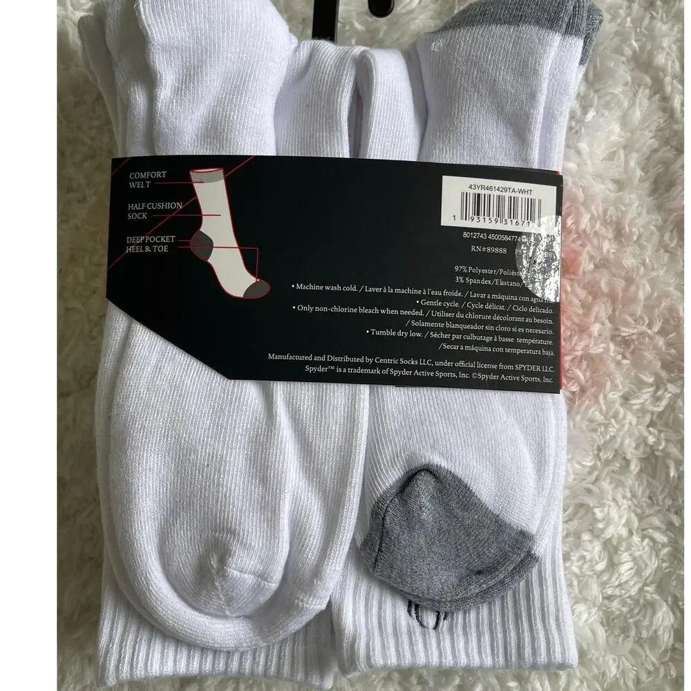 Spyder White Gray Crew Socks 6 pairs NEW Mens Size 6-12 Sports Everyday Comfort